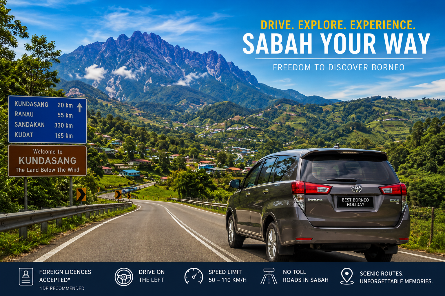 Foreign tourist driving rental car on scenic road to Kundasang with Mount Kinabalu in Sabah Malaysia
